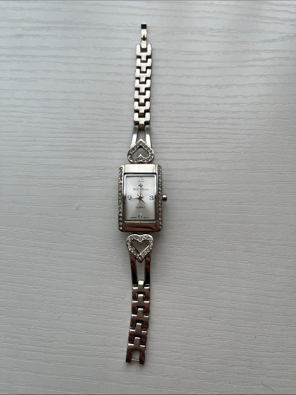 Bella & Rose Silver Rectangle Crystal Heart Link Bracelet Watch - NEW BATTERY